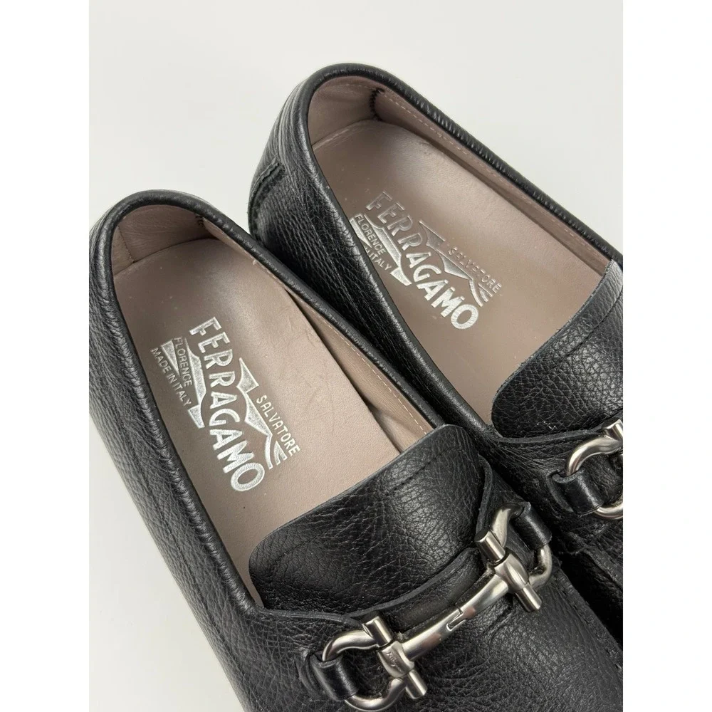 Salvatore Ferragamo Black Pebbled Leather Gancini Bit Driver Loafers Size 8.5 D